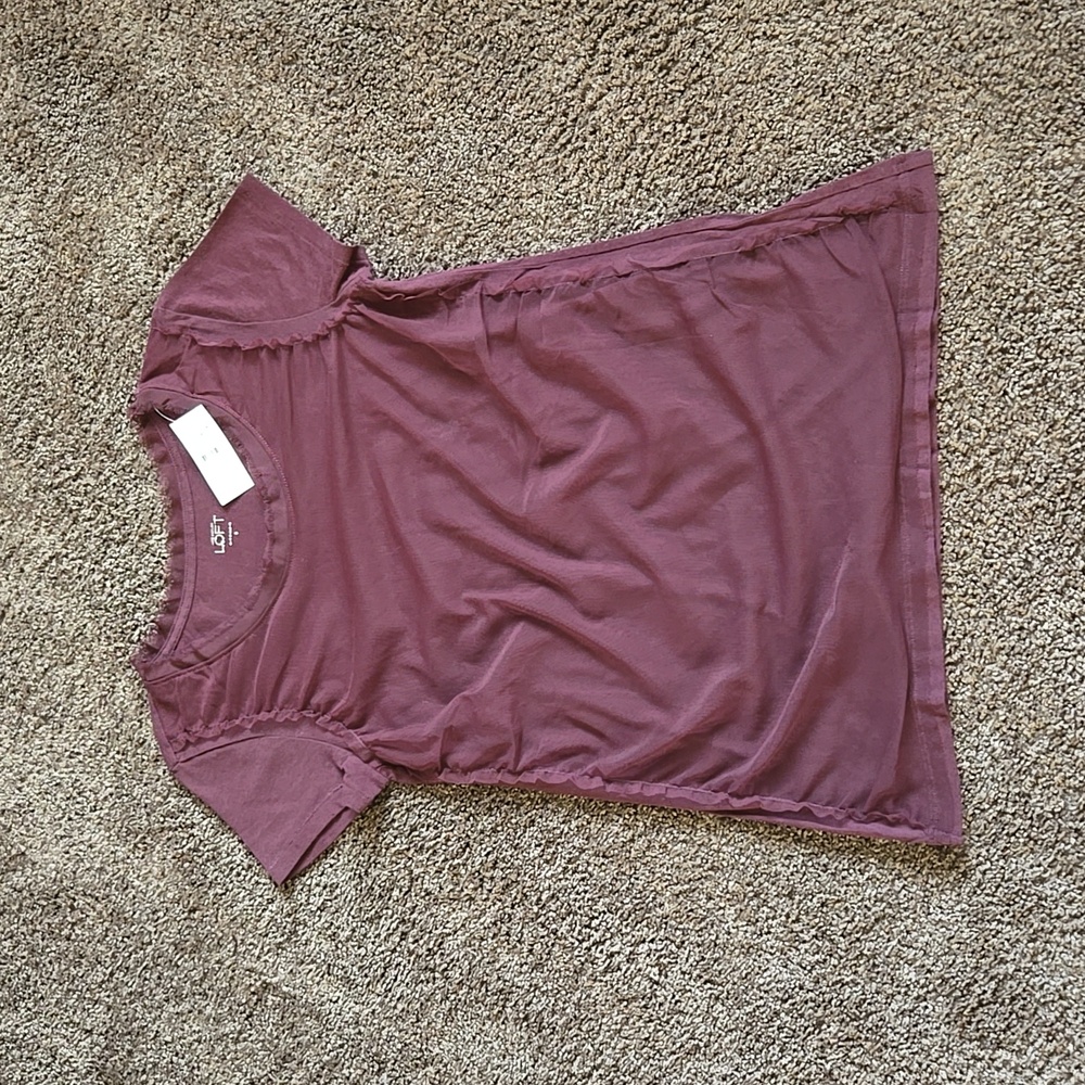 NEW Ann Taylor Loft Dark Purple Ruffle Mesh Trim Top S